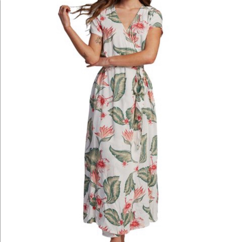 White & Green Tropical Floral Maxi Dress